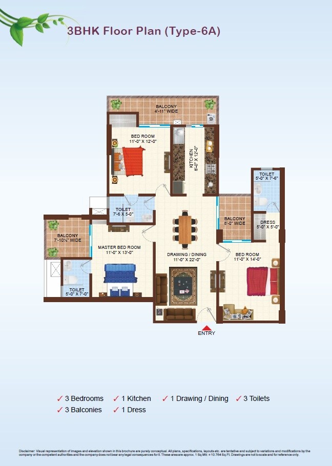 Floor plan of 3 BHK 1615 Sq. Ft. Apartment in Uninav Residena, Ghaziabad