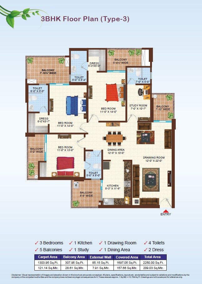 Floor plan of 3 BHK 2250 Sq. Ft. Apartment in Uninav Residena, Ghaziabad
