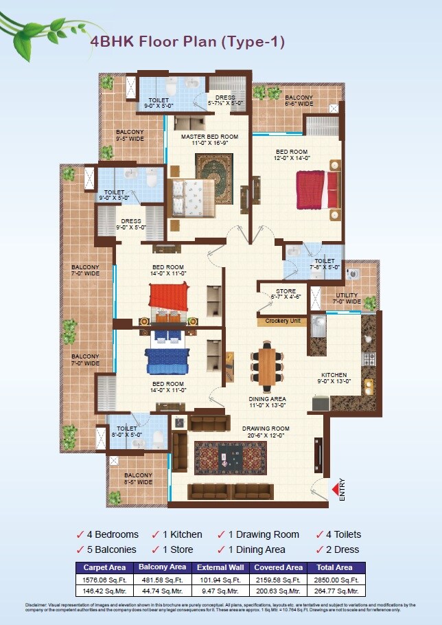 Floor plan of 4 BHK 2850 Sq. Ft. Apartment in Uninav Residena, Ghaziabad