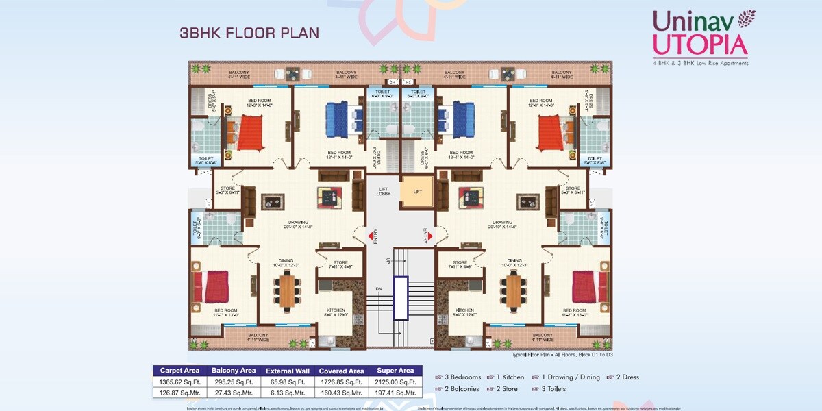 Floor plan of 3 BHK 2125 Sq. Ft. Apartment in Uninav Utopia, Ghaziabad
