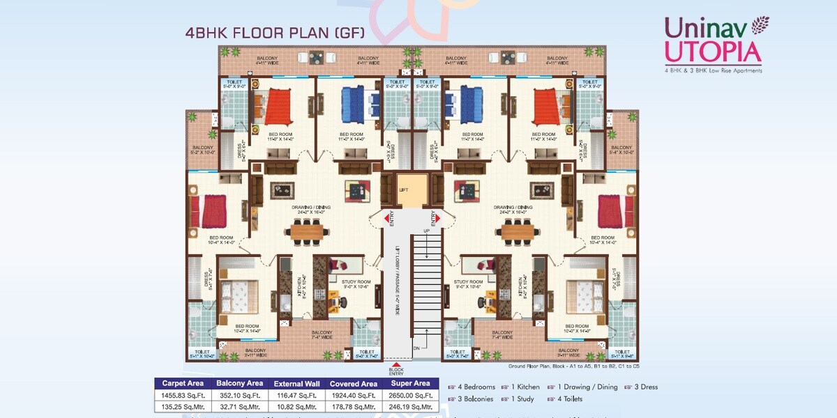 Floor plan of 4 BHK 2650 Sq. Ft. Apartment in Uninav Utopia, Ghaziabad