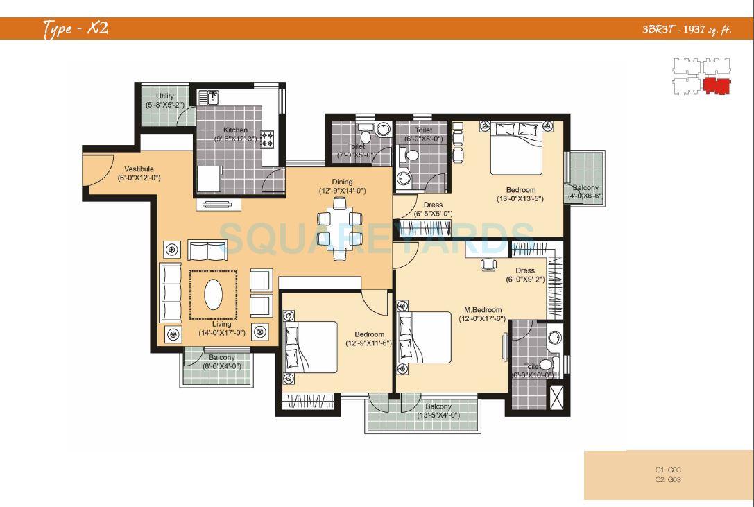 Floor plan of 3 BHK 1937 Sq. Ft. Apartment in Unitech Sunbreeze Towers, Ghaziabad