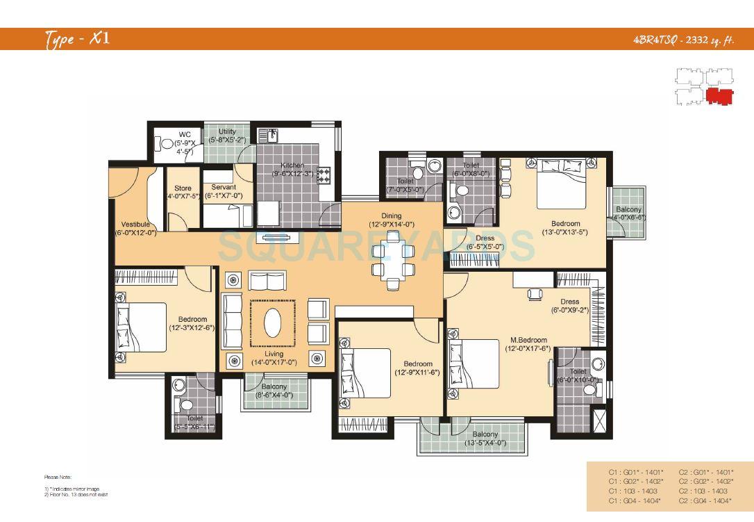 Floor plan of 4 BHK 2332 Sq. Ft. Apartment in Unitech Sunbreeze Towers, Ghaziabad