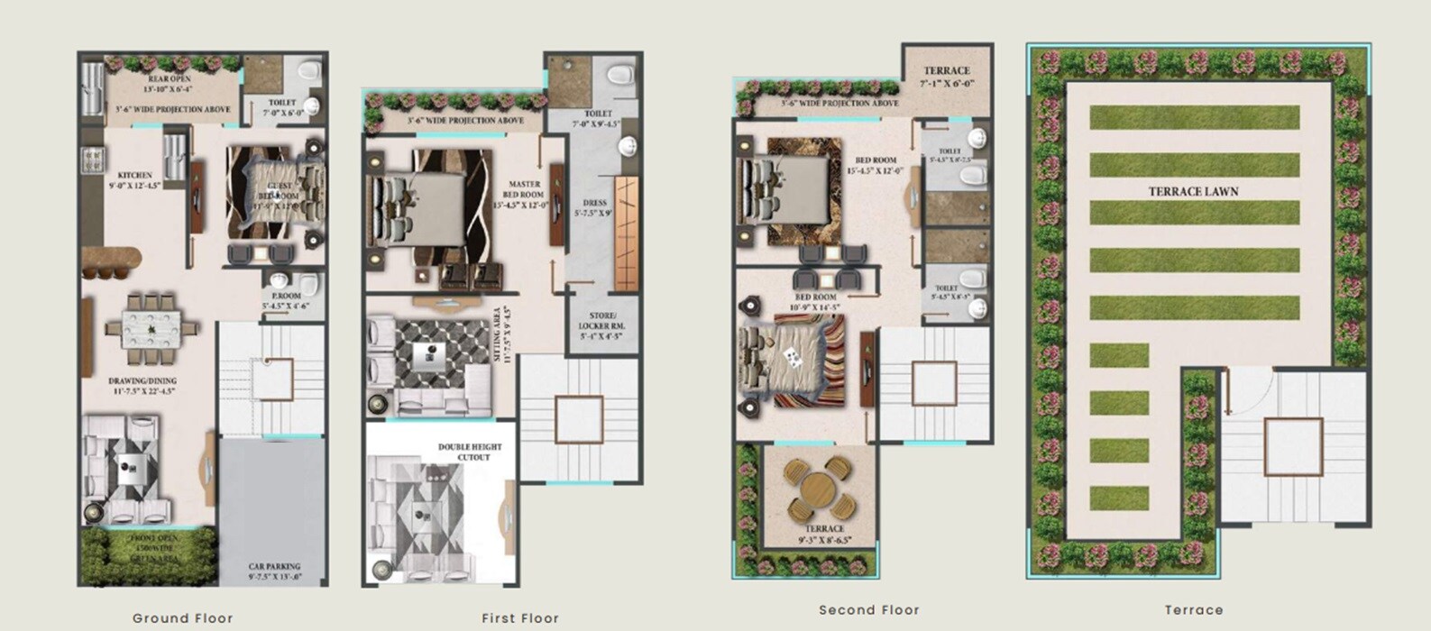 Floor plan of 4 BHK 2200 Sq. Ft. Villa in Vaikuntam Vilasaa, Ghaziabad