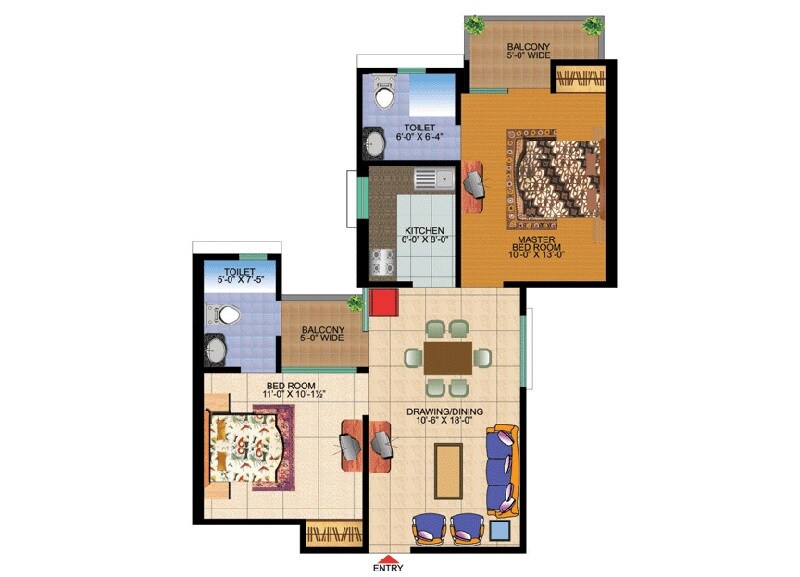 Floor plan of 2 BHK 990 Sq. Ft. Apartment in Value Infra Meadows Vista1, Ghaziabad