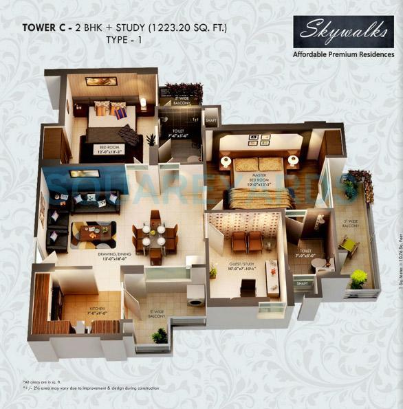 Floor plan of 2 BHK 1223 Sq. Ft. Apartment in Value Infra Skywalks, Ghaziabad