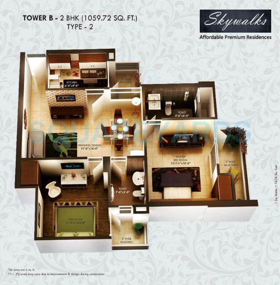 Floor plan of 2 BHK 1060 Sq. Ft. Apartment in Value Infra Skywalks, Ghaziabad