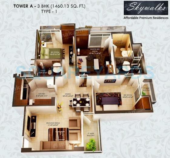 Floor plan of 3 BHK 1460 Sq. Ft. Apartment in Value Infra Skywalks, Ghaziabad