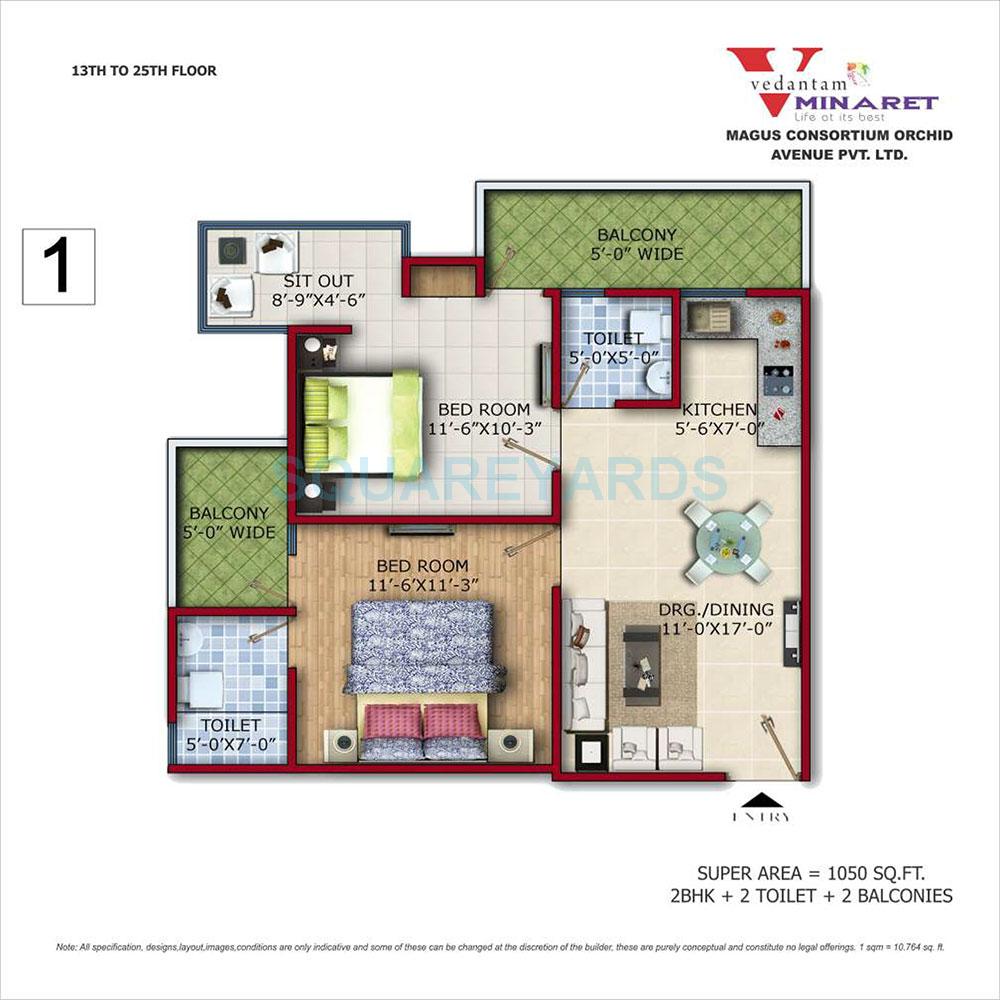 Floor plan of 2 BHK 1050 Sq. Ft. Apartment in Vedantam Minaret, Ghaziabad