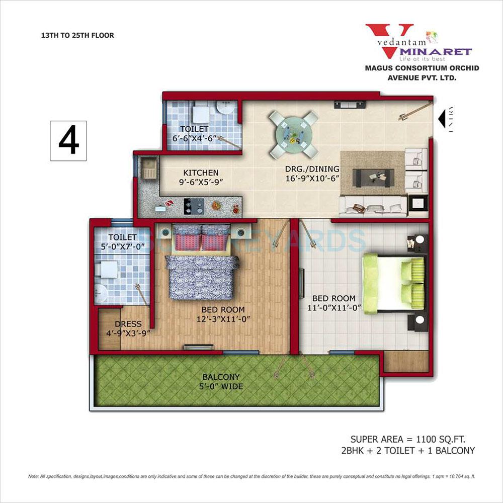 Floor plan of 2 BHK 1100 Sq. Ft. Apartment in Vedantam Minaret, Ghaziabad