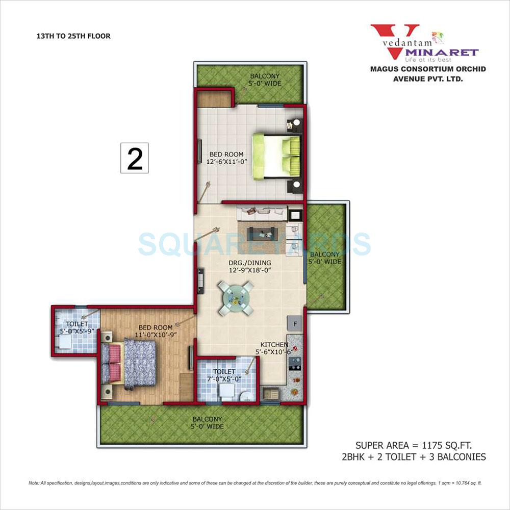 Floor plan of 2 BHK 1175 Sq. Ft. Apartment in Vedantam Minaret, Ghaziabad