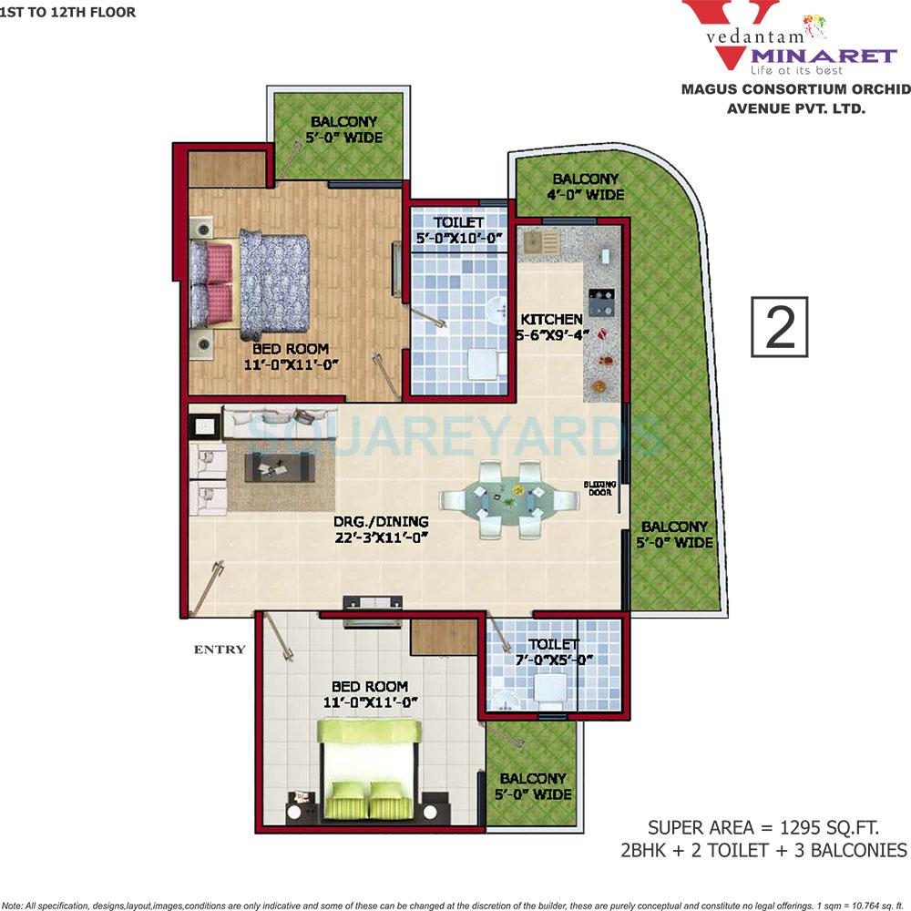 Floor plan of 2 BHK 1295 Sq. Ft. Apartment in Vedantam Minaret, Ghaziabad