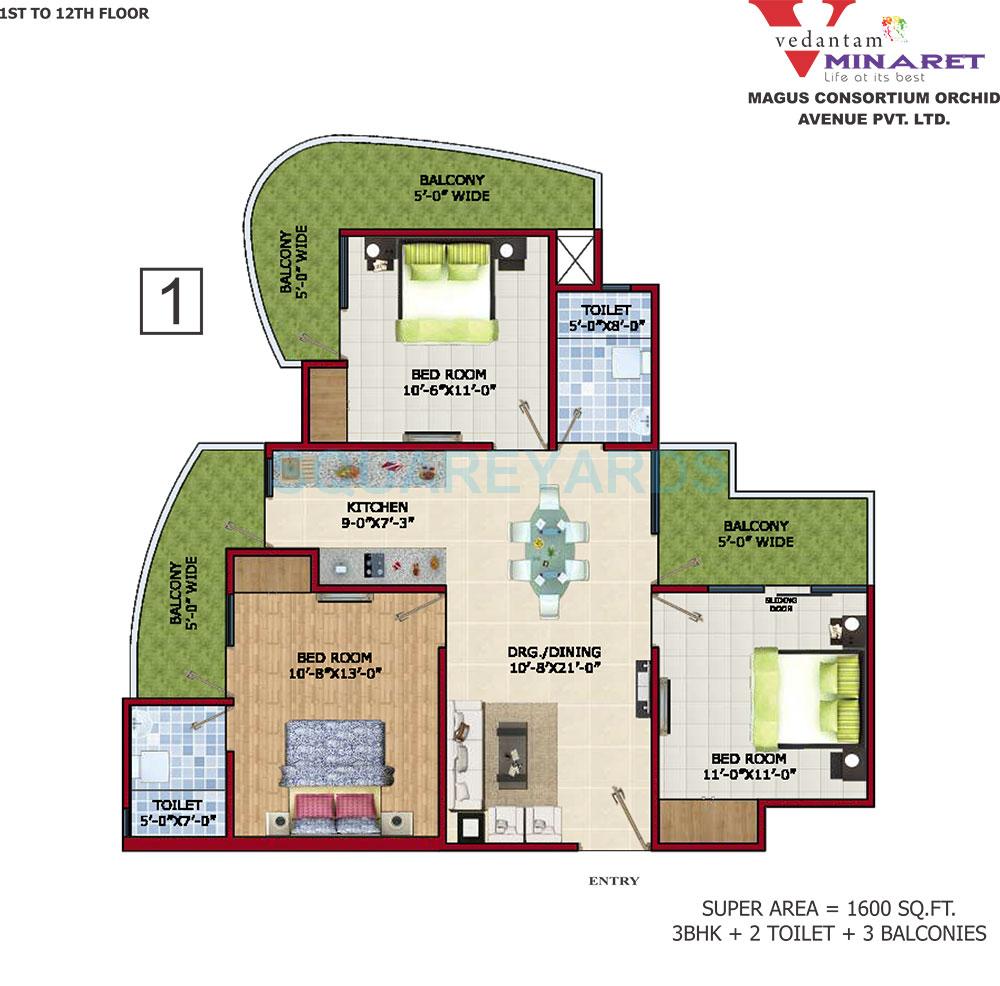 Floor plan of 3 BHK 1600 Sq. Ft. Apartment in Vedantam Minaret, Ghaziabad