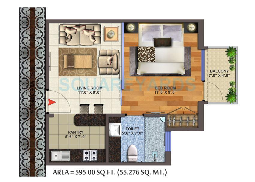 Floor plan of 1 BHK 595 Sq. Ft. Apartment in Victory Habitat Centre, Ghaziabad