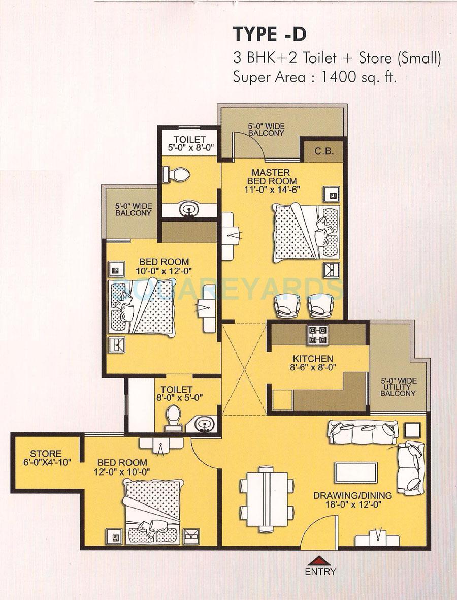 3 BHK 1400 Sq. Ft. Apartment