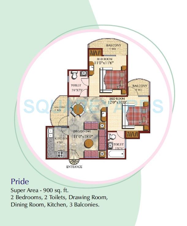 Floor plan of 2 BHK 900 Sq. Ft. Apartment in VXL Eastern Heights, Ghaziabad