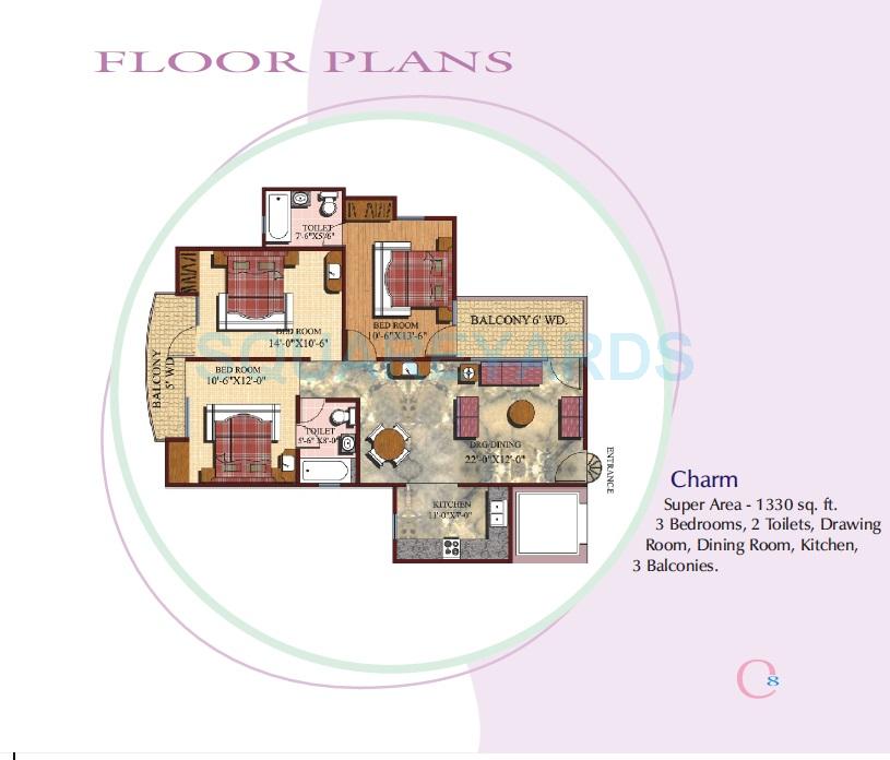 Floor plan of 3 BHK 1330 Sq. Ft. Apartment in VXL Eastern Heights, Ghaziabad