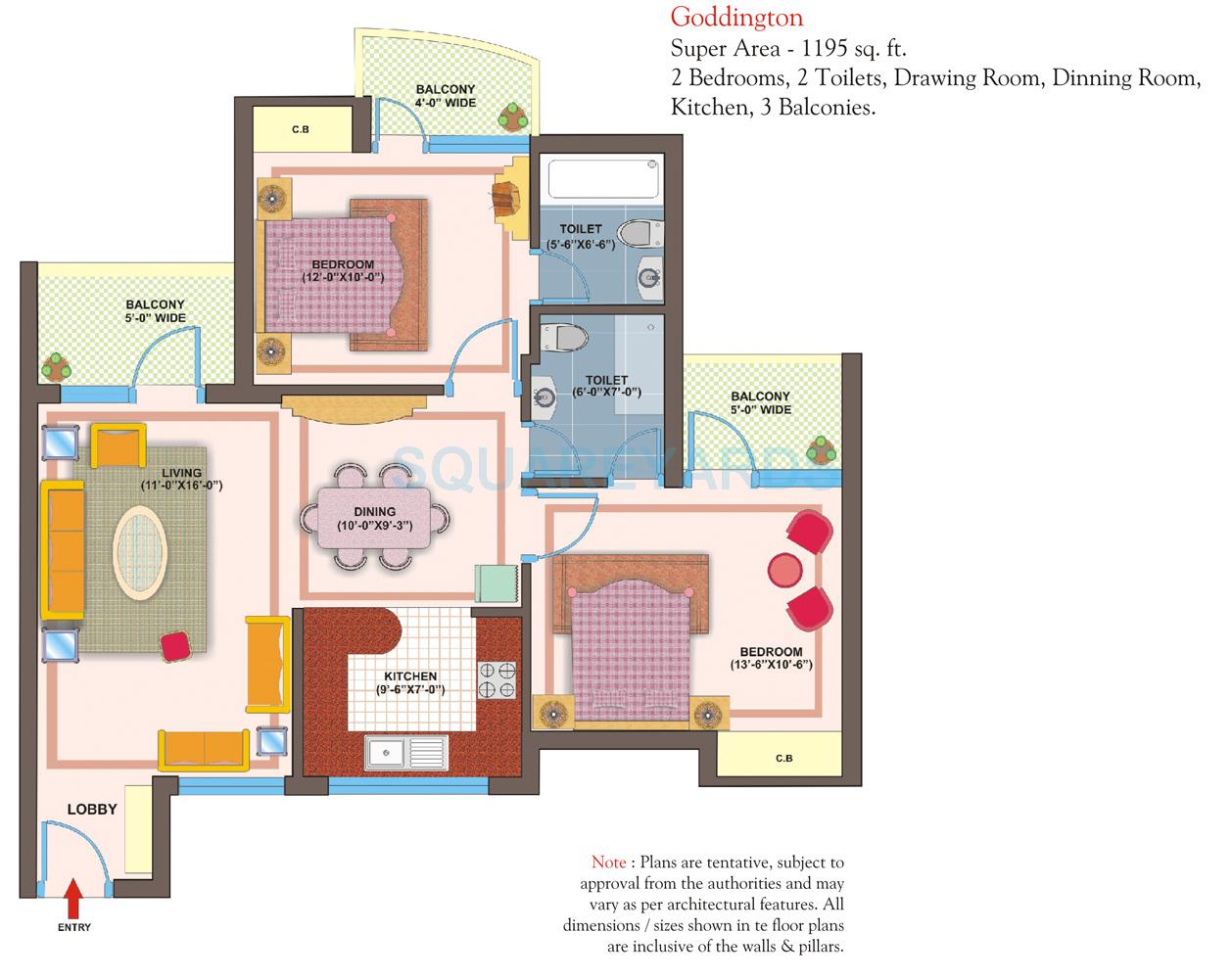Floor plan of 2 BHK 1195 Sq. Ft. Apartment in VXL Eastern Gates, Ghaziabad