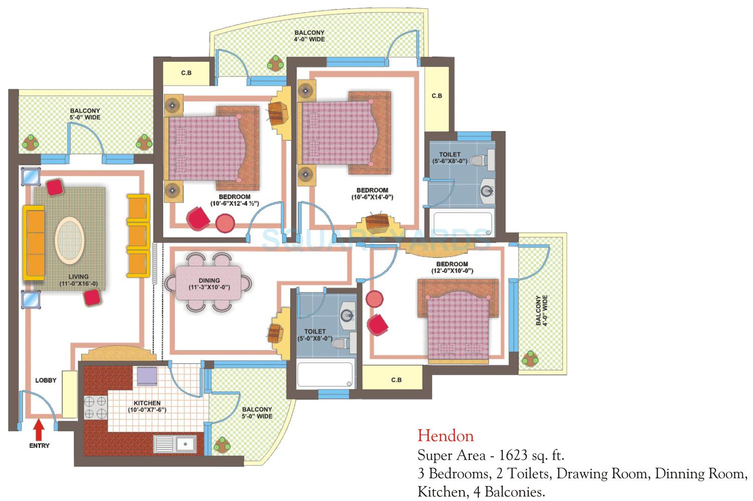 Floor plan of 3 BHK 1623 Sq. Ft. Apartment in VXL Eastern Gates, Ghaziabad