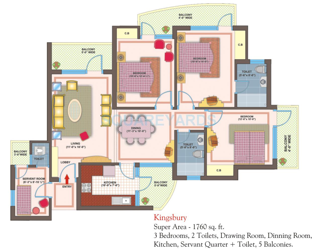 Floor plan of 3 BHK 1760 Sq. Ft. Apartment in VXL Eastern Gates, Ghaziabad
