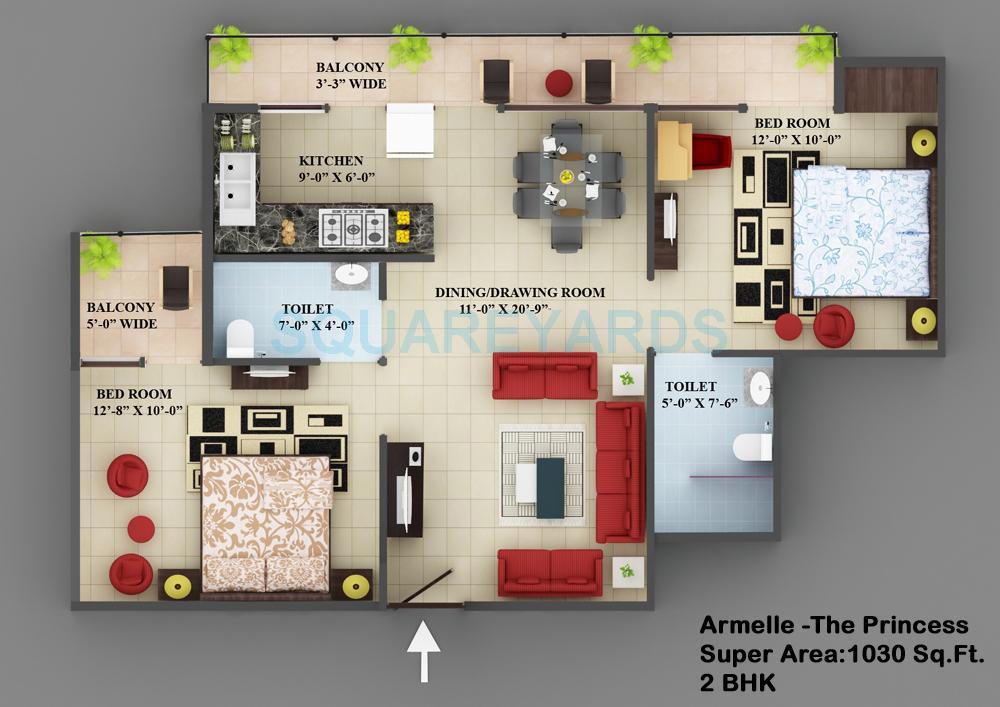 Floor plan of 2 BHK 1030 Sq. Ft. Apartment in VXL French Arcade, Ghaziabad