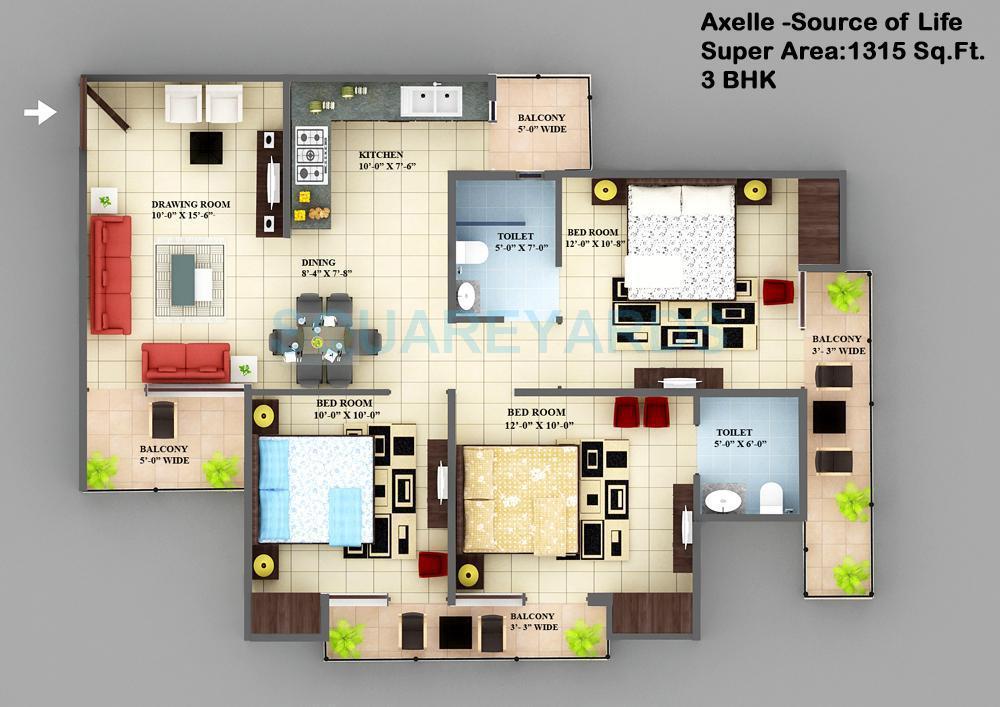 Floor plan of 3 BHK 1315 Sq. Ft. Apartment in VXL French Arcade, Ghaziabad
