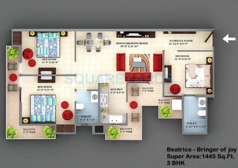 Floor plan of 3 BHK 1445 Sq. Ft. Apartment in VXL French Arcade, Ghaziabad
