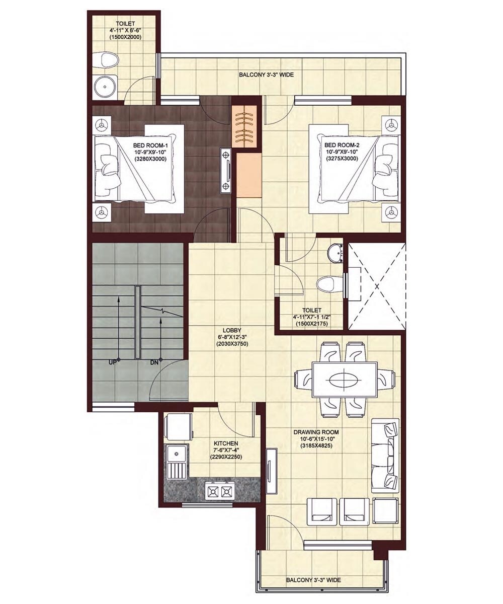 Floor plan of 2 BHK 1270 Sq. Ft. Ind Floor in Wave City, Ghaziabad