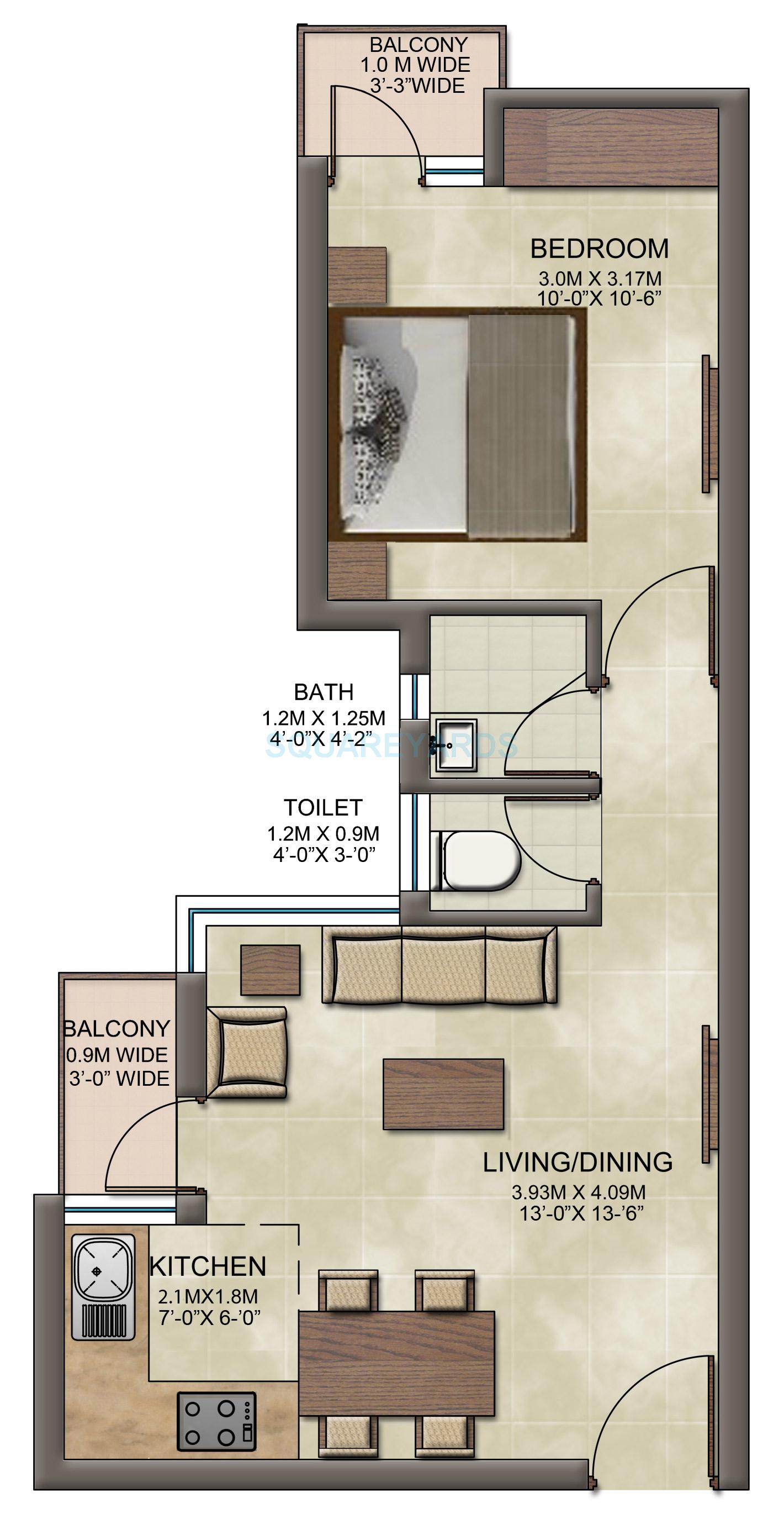 Floor plan of 1 BHK 578 Sq. Ft. Apartment in Wave Dream Homes, Ghaziabad
