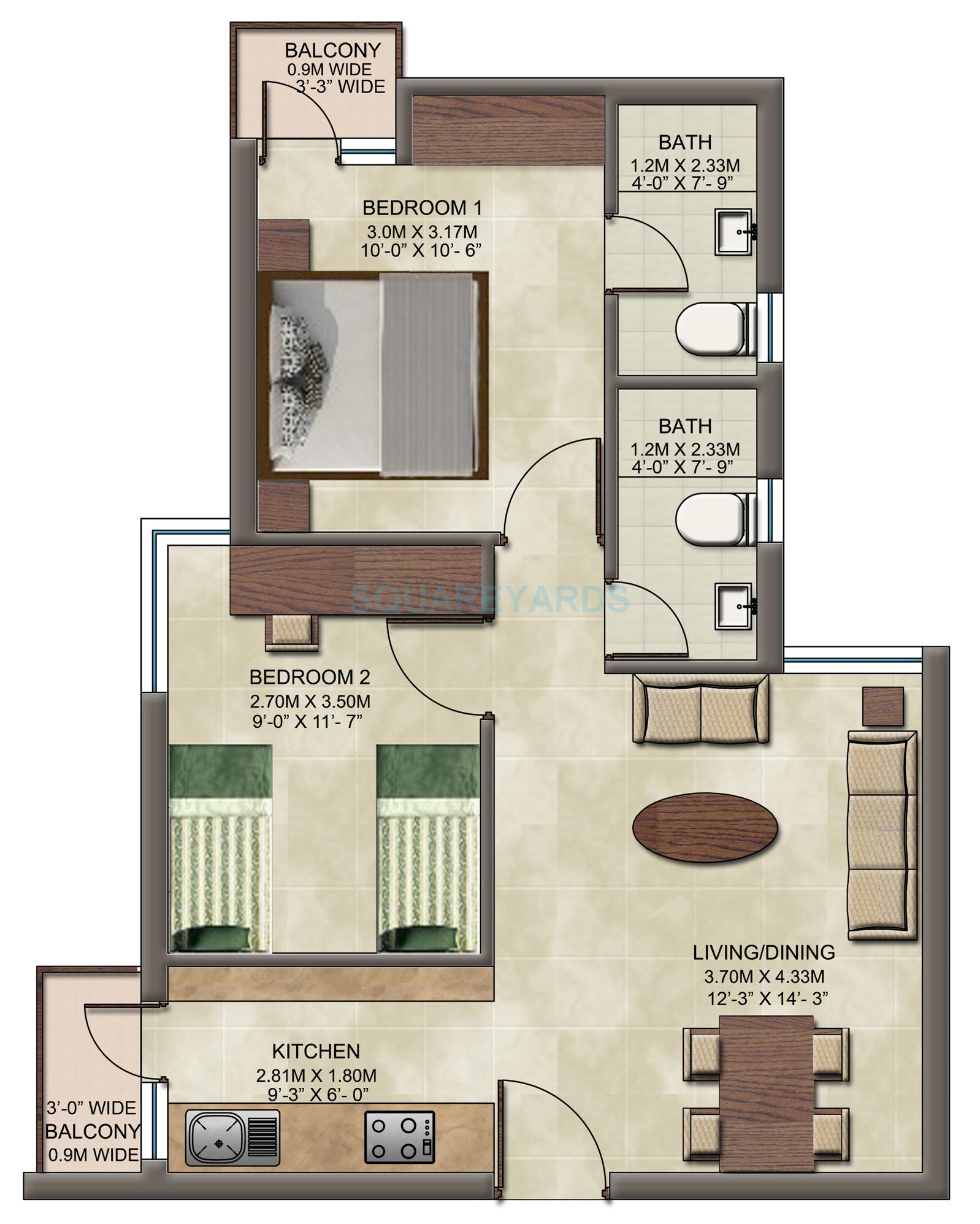 Floor plan of 2 BHK 808 Sq. Ft. Apartment in Wave Dream Homes, Ghaziabad