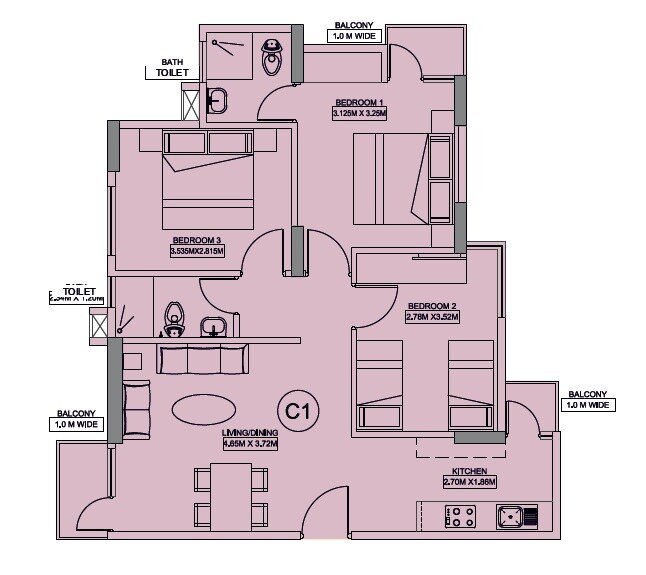 Floor plan of 3 BHK 1049 Sq. Ft. Apartment in Wave Dream Homes, Ghaziabad