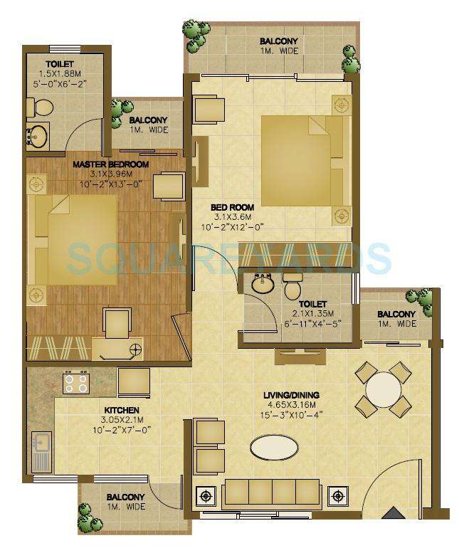 2 BHK 900 Sq. Ft. Apartment in Wave Executive Floors
