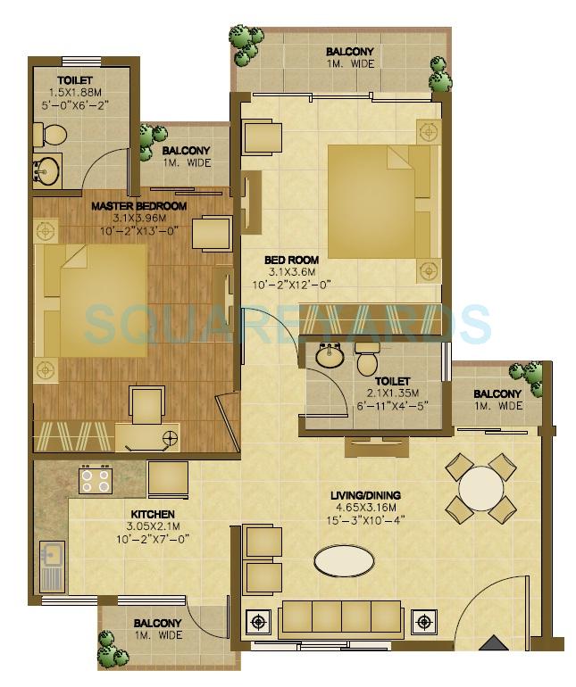Floor plan of 2 BHK 900 Sq. Ft. Apartment in Wave Executive Floors, Ghaziabad