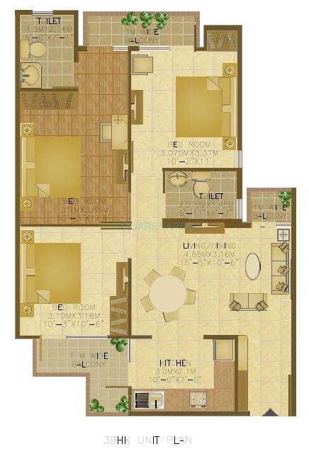 Floor plan of 3 BHK 1129 Sq. Ft. Apartment in Wave Executive Floors, Ghaziabad