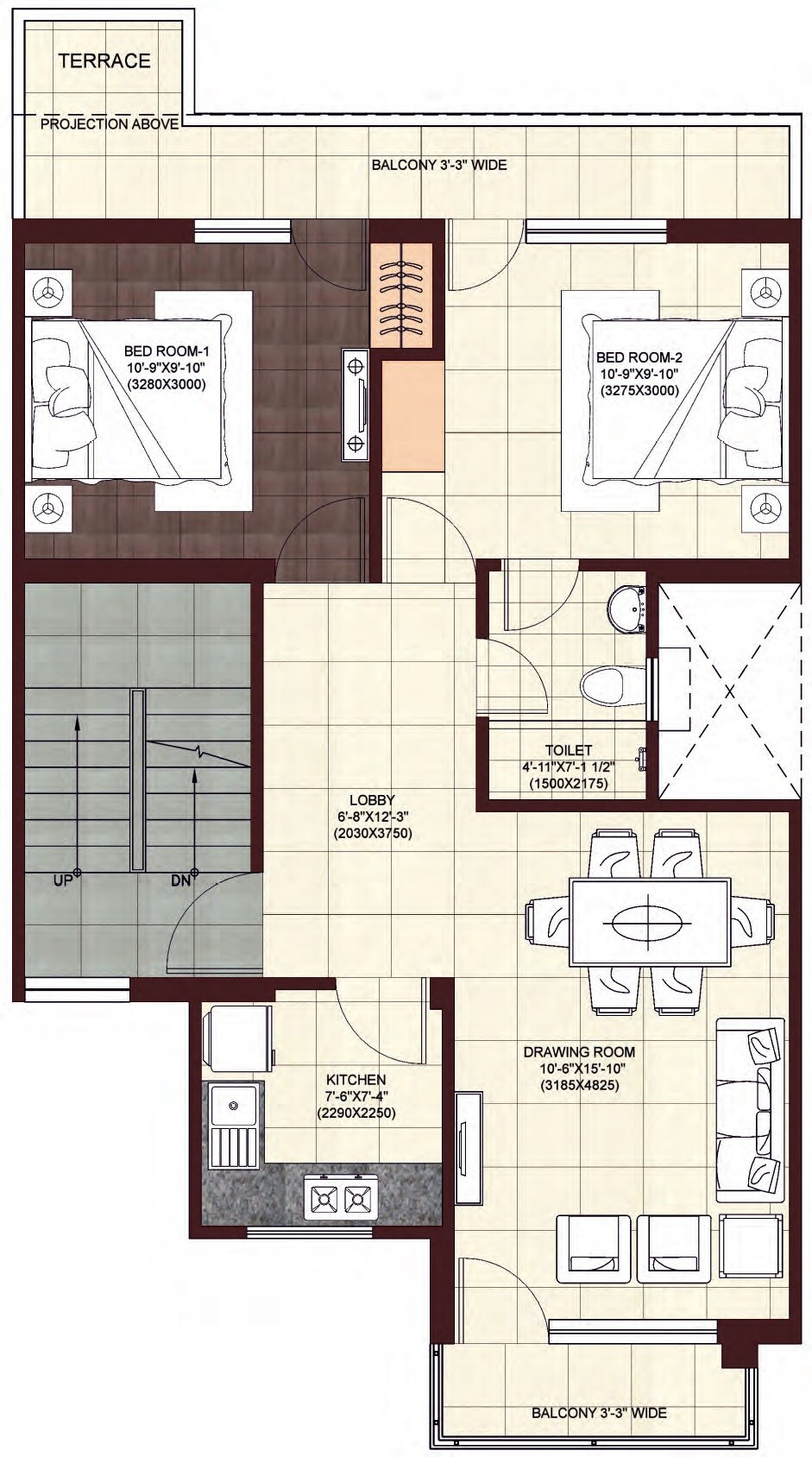 Floor plan of 2 BHK 1128 Sq. Ft. Apartment in Wave Prime Floors, Ghaziabad