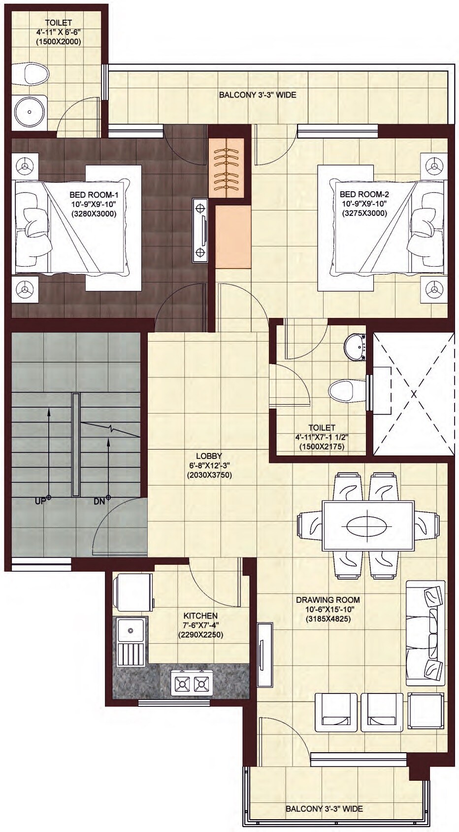 Floor plan of 2 BHK 865 Sq. Ft. Apartment in Wave Prime Floors, Ghaziabad