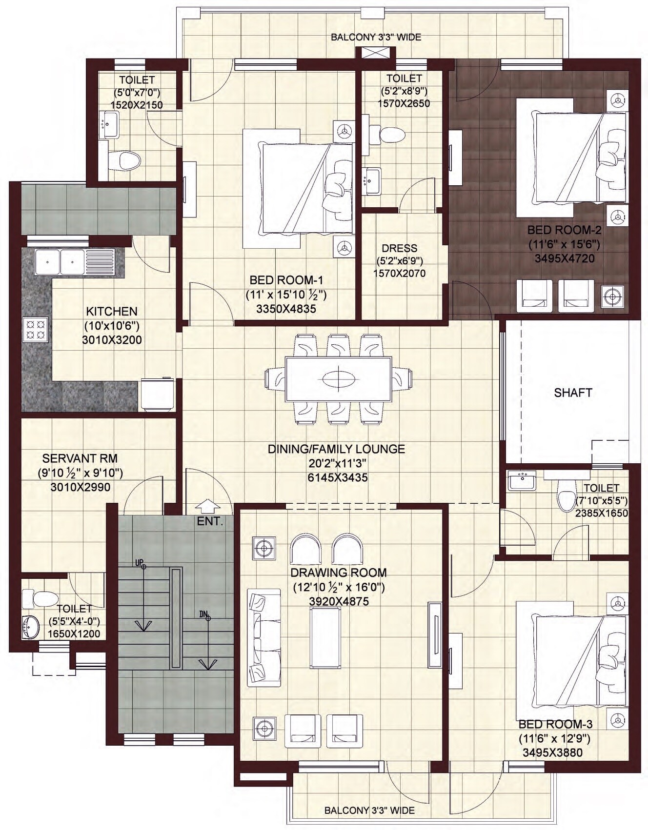Floor plan of 3 BHK 1775 Sq. Ft. Apartment in Wave Prime Floors, Ghaziabad