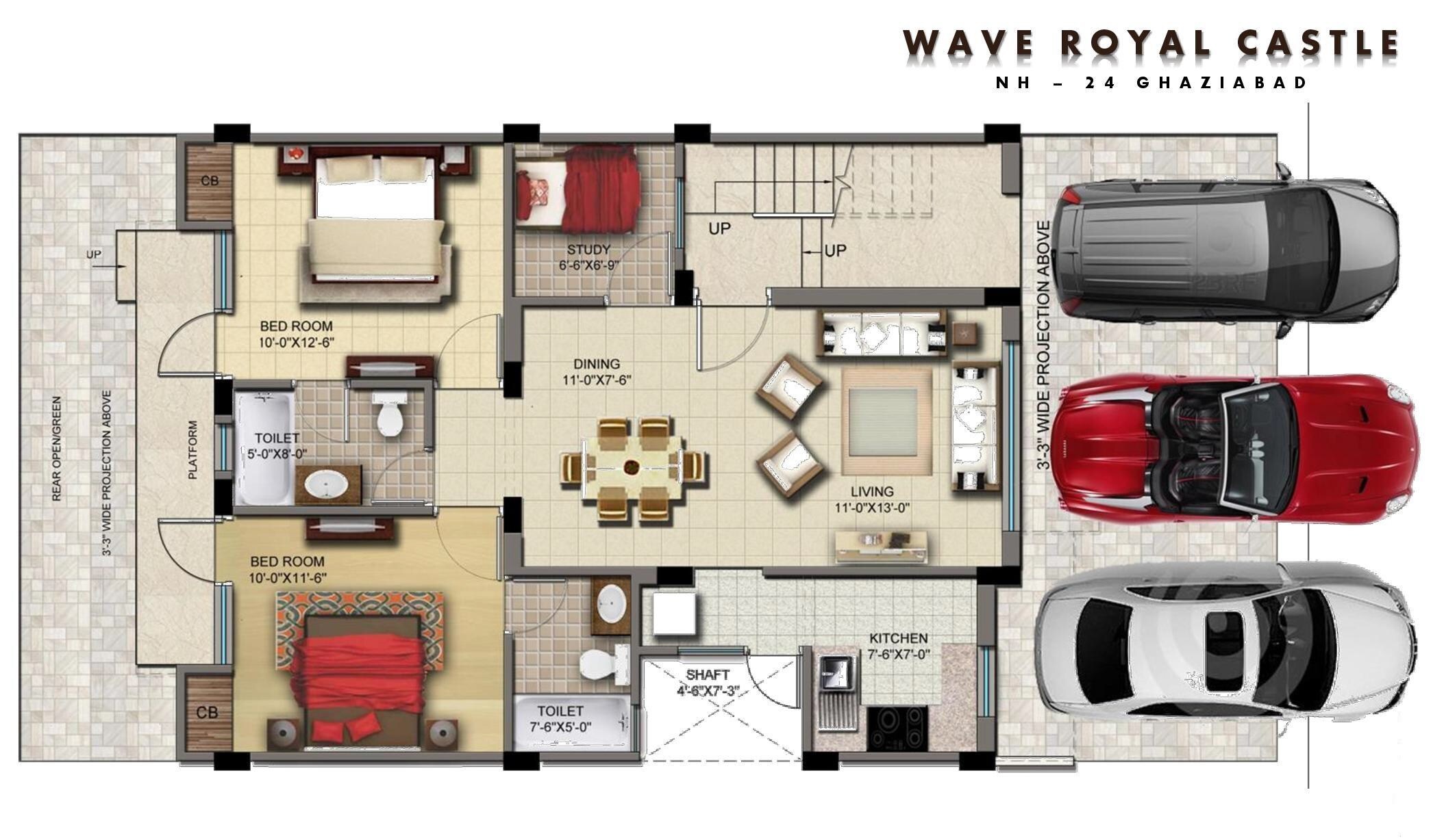 Floor plan of 2 BHK 1025 Sq. Ft. Apartment in Wave Royal Castle, Ghaziabad