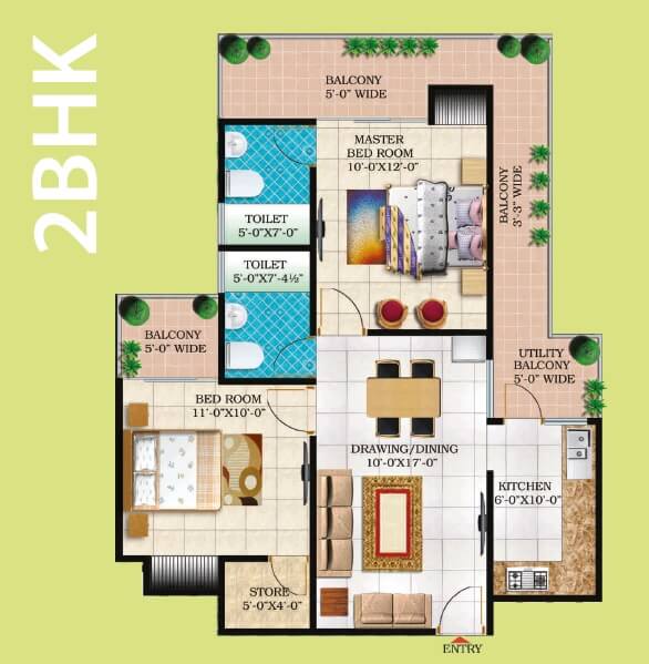 Floor plan of 2 BHK 1125 Sq. Ft. Apartment in Windsor Paradise 2, Ghaziabad