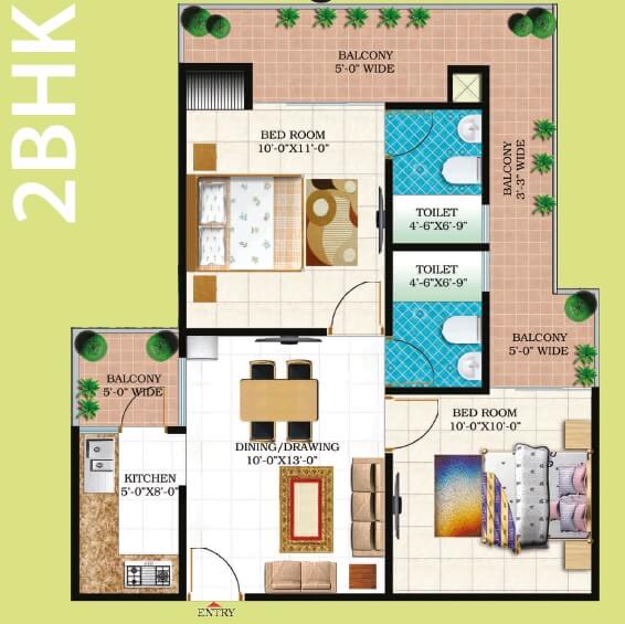 Floor plan of 2 BHK 895 Sq. Ft. Apartment in Windsor Paradise 2, Ghaziabad