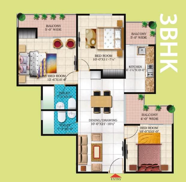 Floor plan of 3 BHK 1275 Sq. Ft. Apartment in Windsor Paradise 2, Ghaziabad