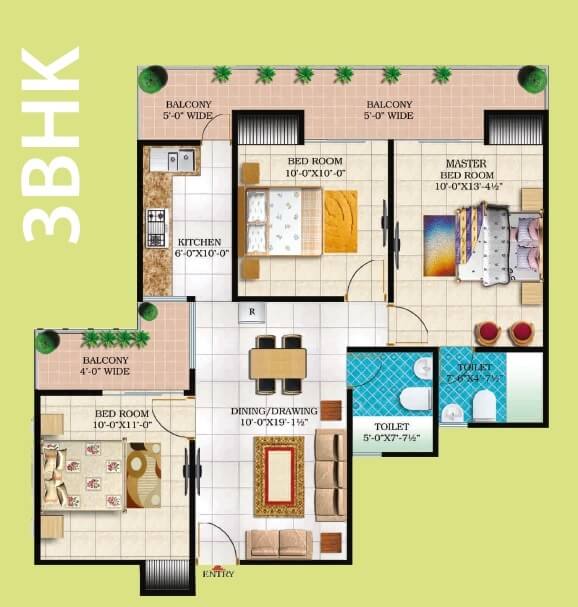 Floor plan of 3 BHK 1295 Sq. Ft. Apartment in Windsor Paradise 2, Ghaziabad