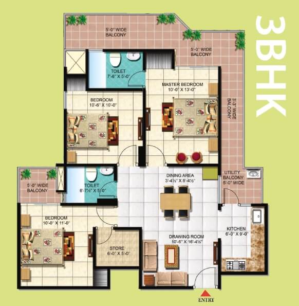 Floor plan of 3 BHK 1425 Sq. Ft. Apartment in Windsor Paradise 2, Ghaziabad