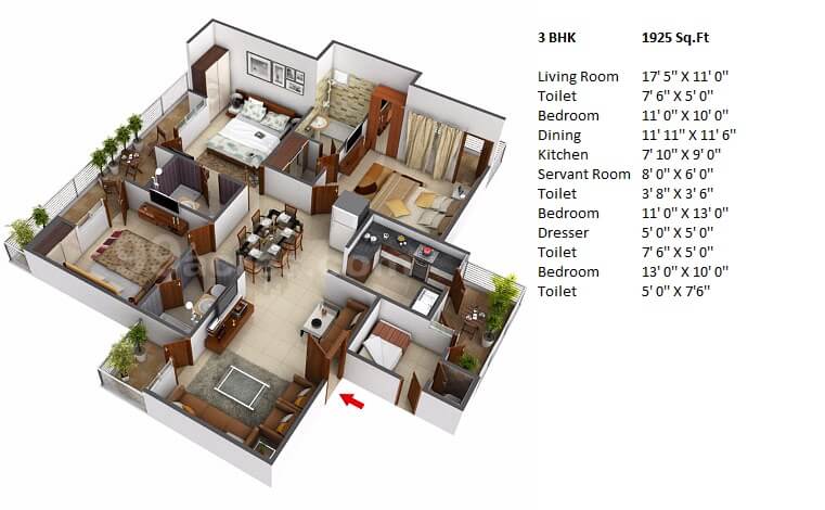 Floor plan of 3 BHK 1925 Sq. Ft. Apartment in Windsor Paradise 2, Ghaziabad