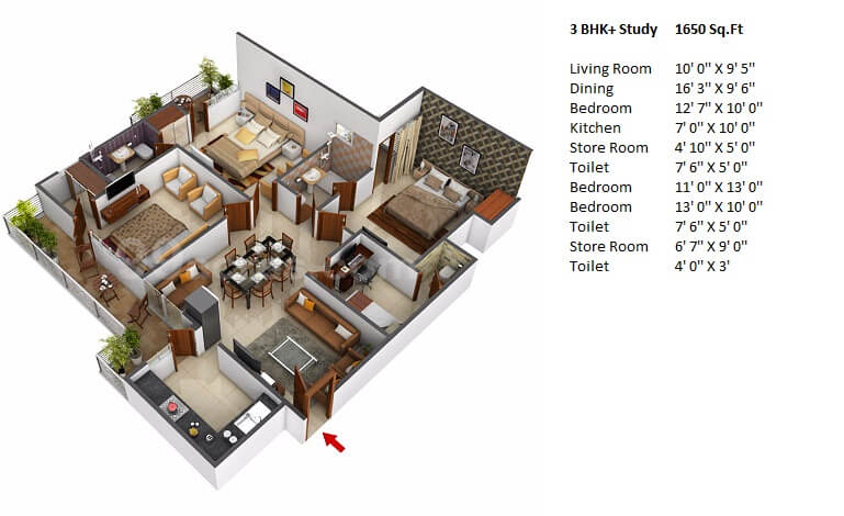 Floor plan of 3 BHK 1650 Sq. Ft. Apartment in Windsor Paradise 2, Ghaziabad