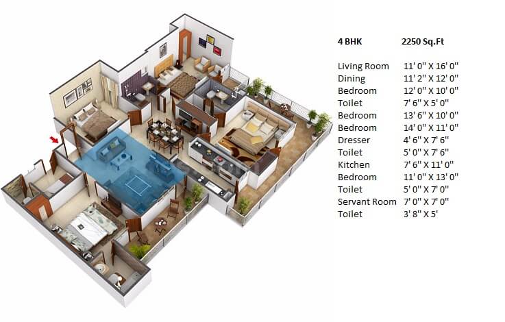 Floor plan of 4 BHK 2250 Sq. Ft. Apartment in Windsor Paradise 2, Ghaziabad