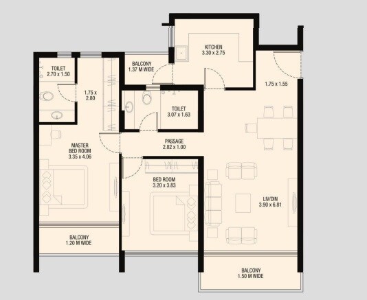 Floor plan of 2 BHK 1334 Sq. Ft. Apartment in Alcon Estrela alcon, Goa