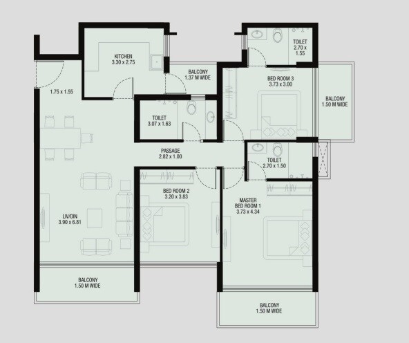 Floor plan of 3 BHK 1646 Sq. Ft. Apartment in Alcon Estrela alcon, Goa