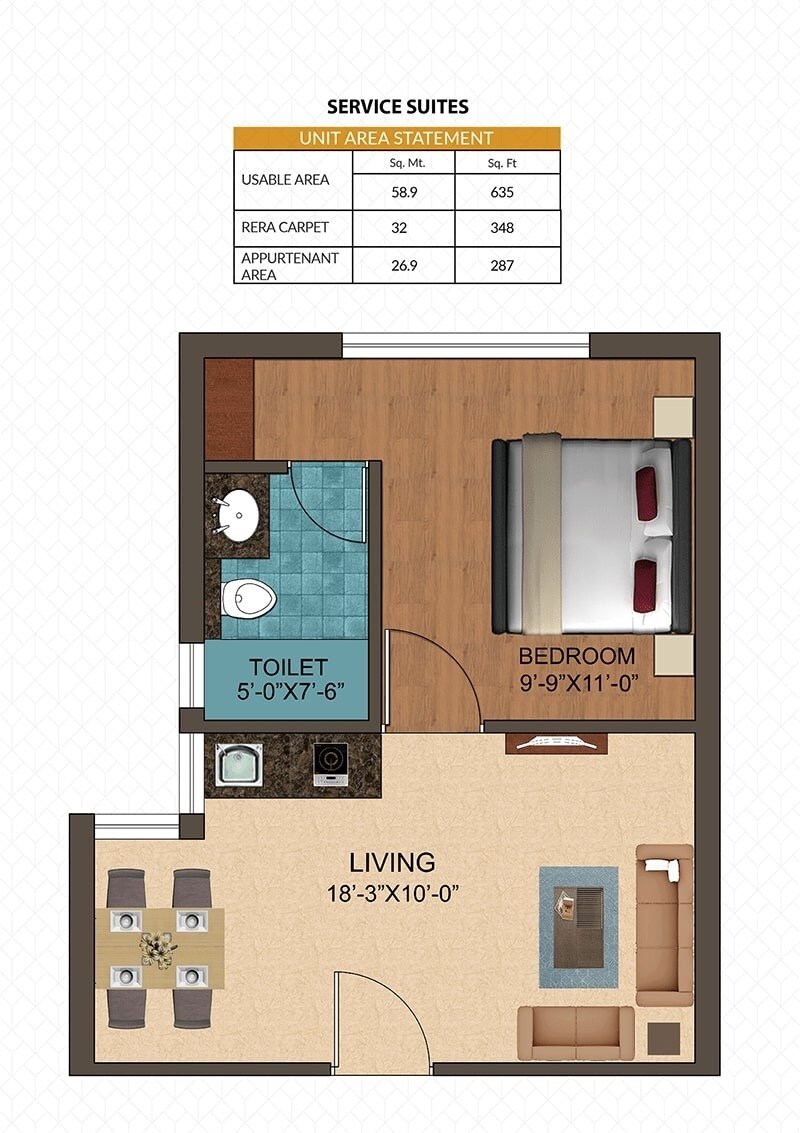 Floor plan of 1 BHK 635 Sq. Ft. Apartment in Axis Blues, Goa