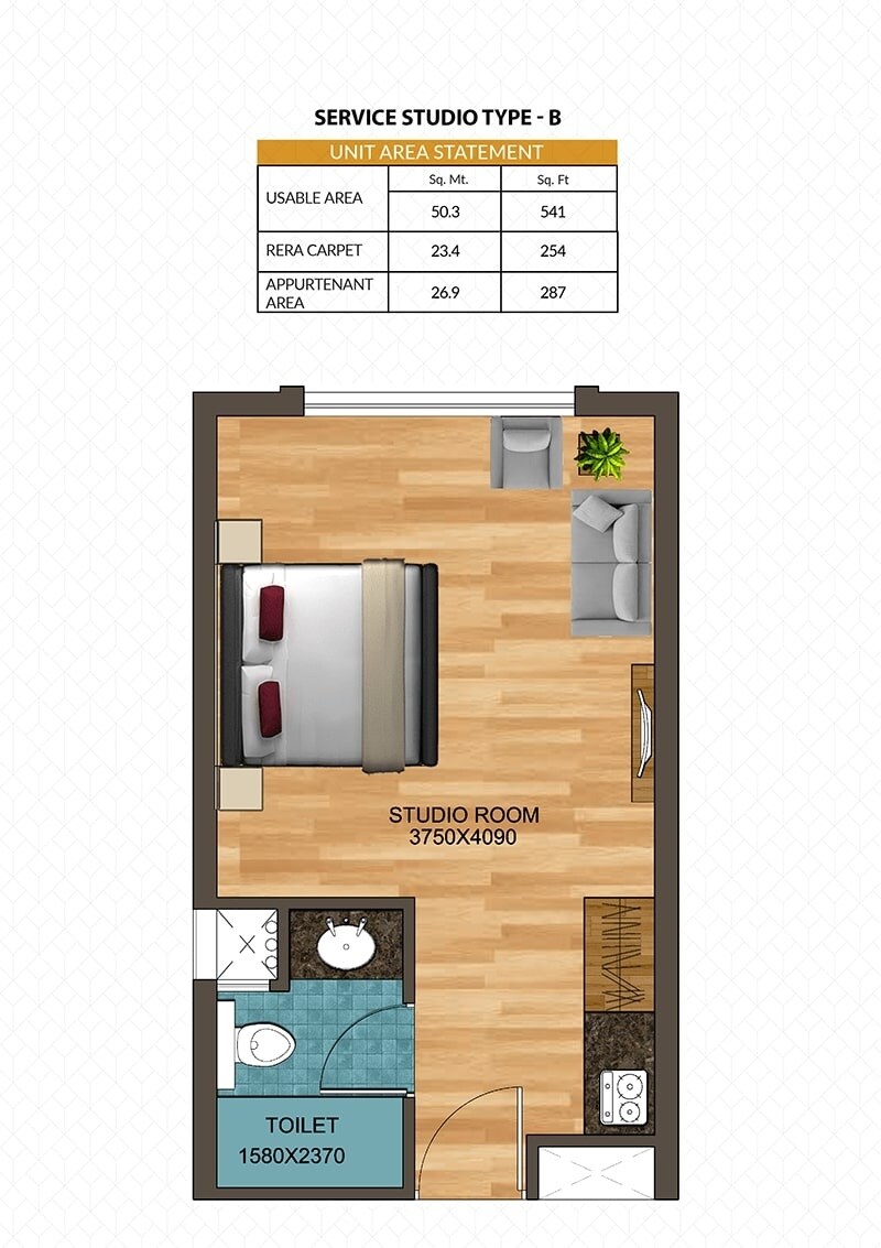 Floor plan of 541 Sq. Ft. Studio in Axis Blues, Goa